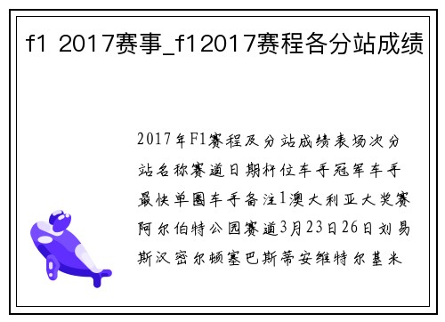 f1 2017赛事_f12017赛程各分站成绩